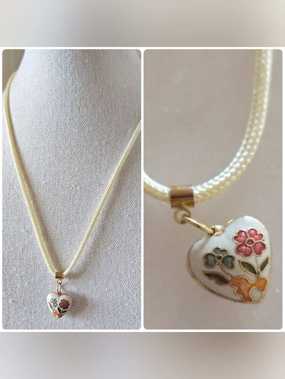 Vtg Cloisonne Floral Heart Necklace, Painted Enamel, Cord, Mid Century, 17"